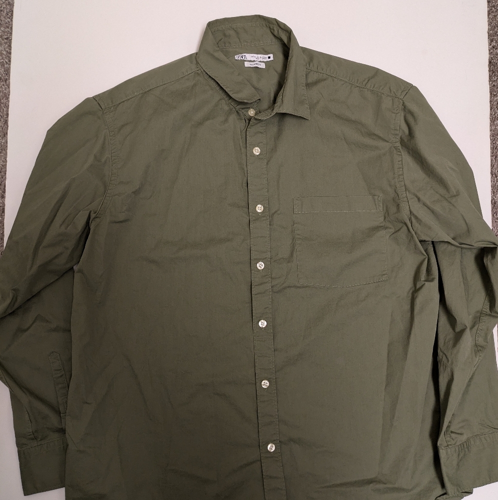 ZARA Long sleeve Shirt Mens XL Green Solid Workwear